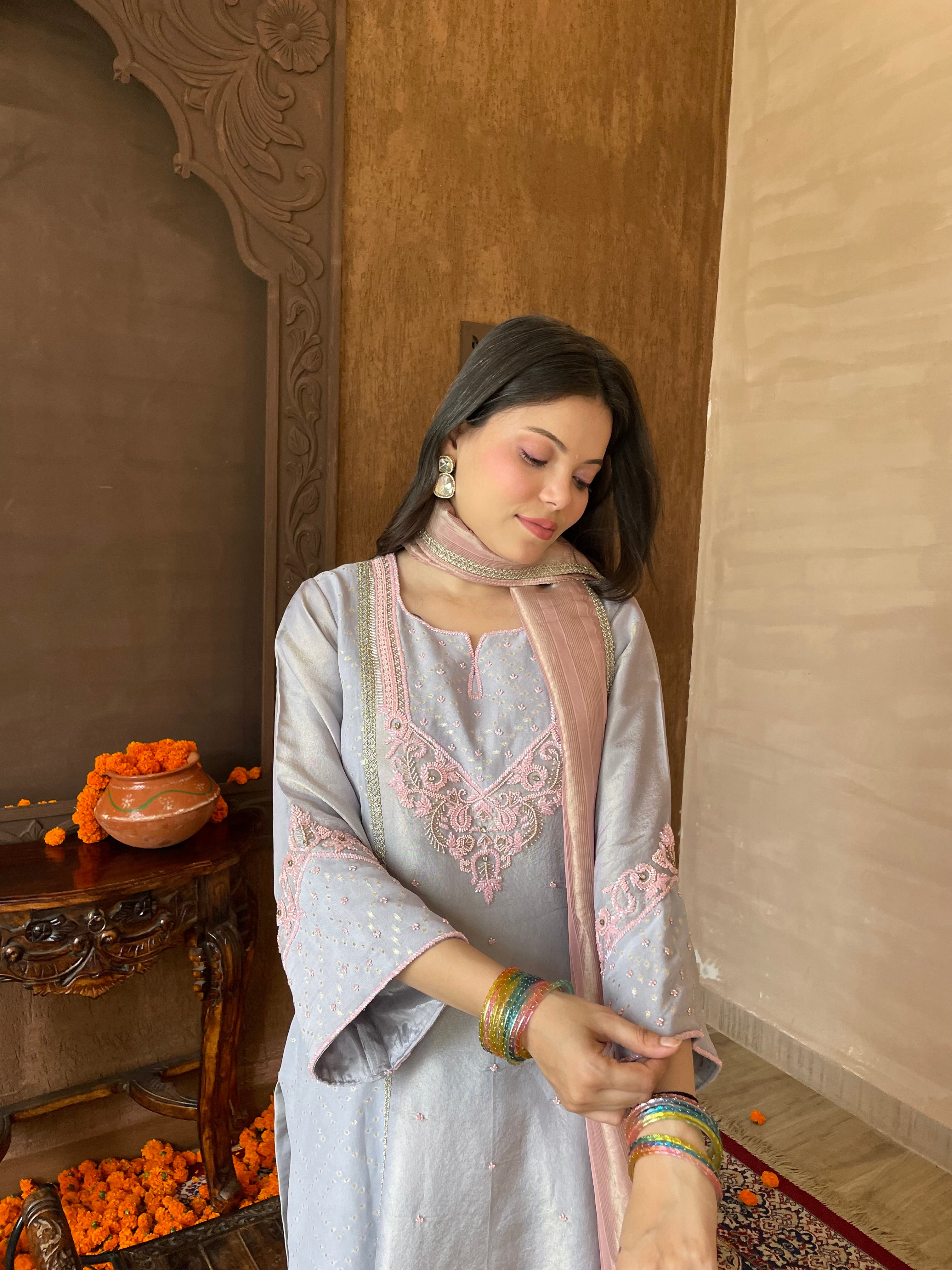 Lavender Hand-Embroidered Suit Set