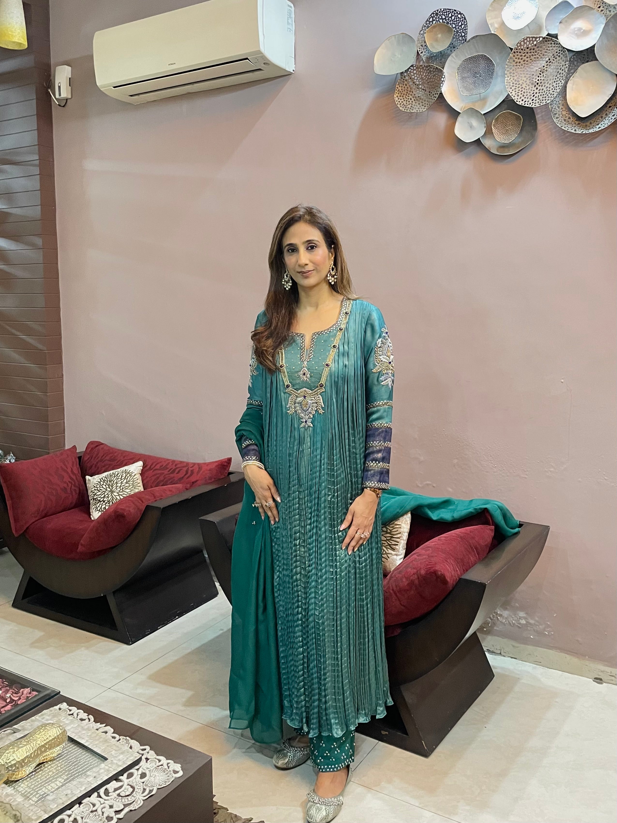 Teal crush silk suit