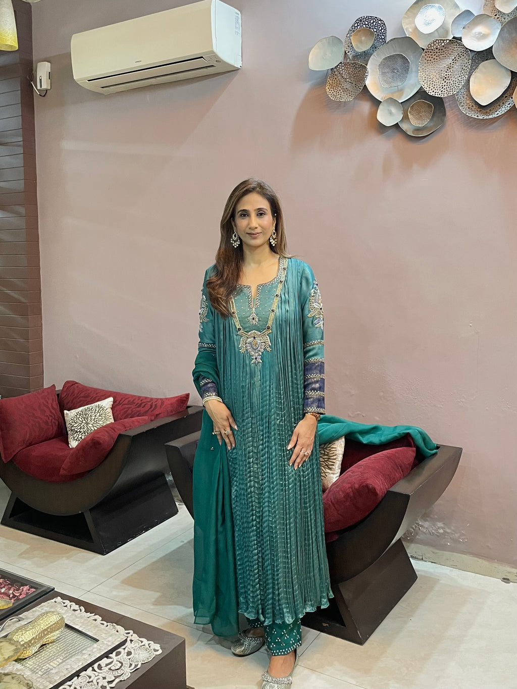Teal crush silk suit