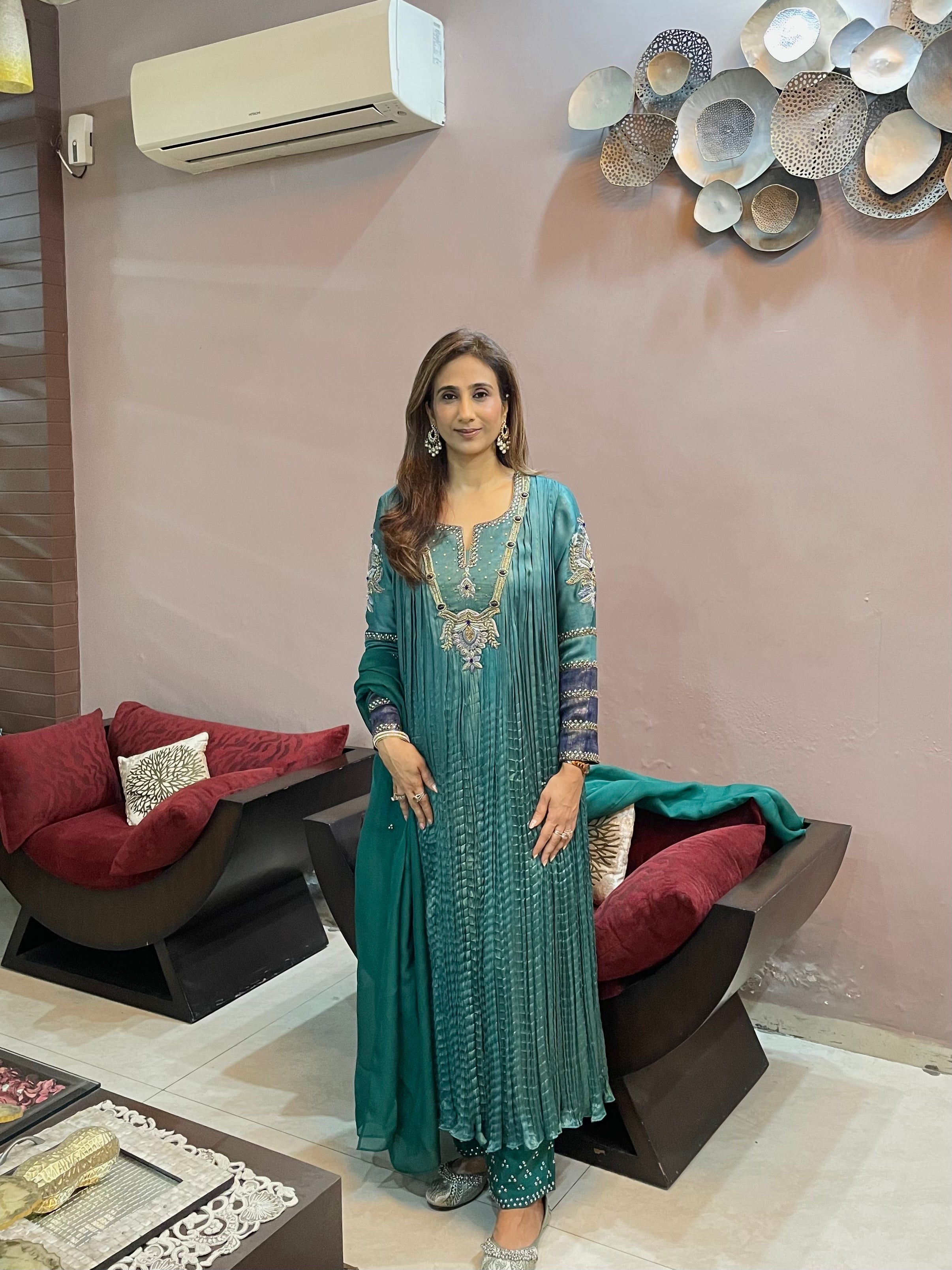 Teal crush silk suit