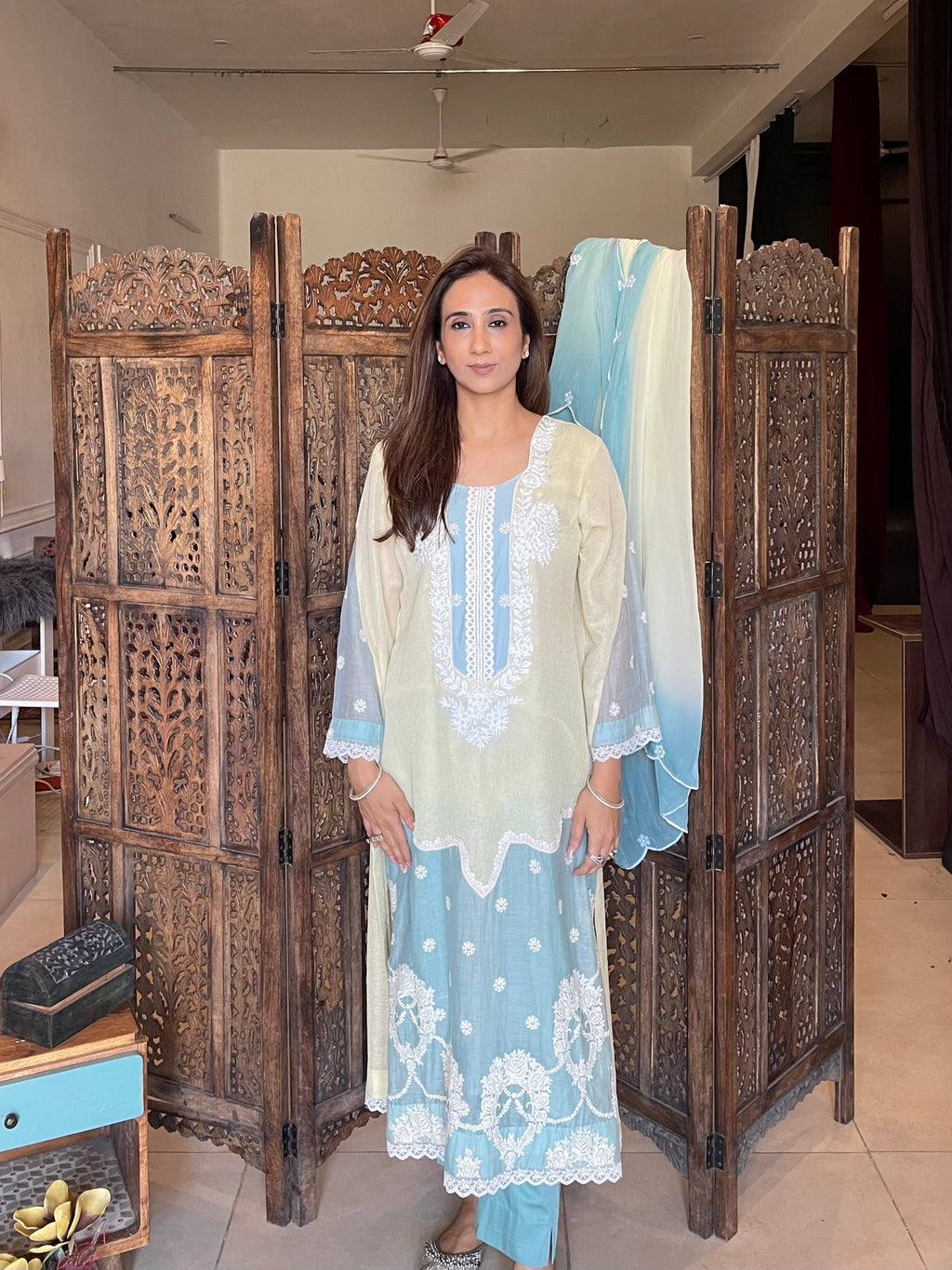 Yellow blue jute suit