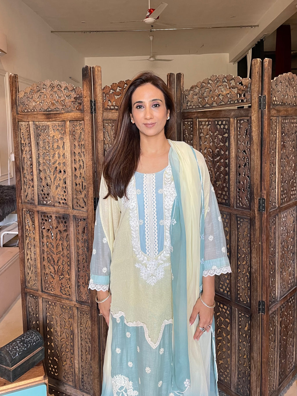 Yellow blue jute suit