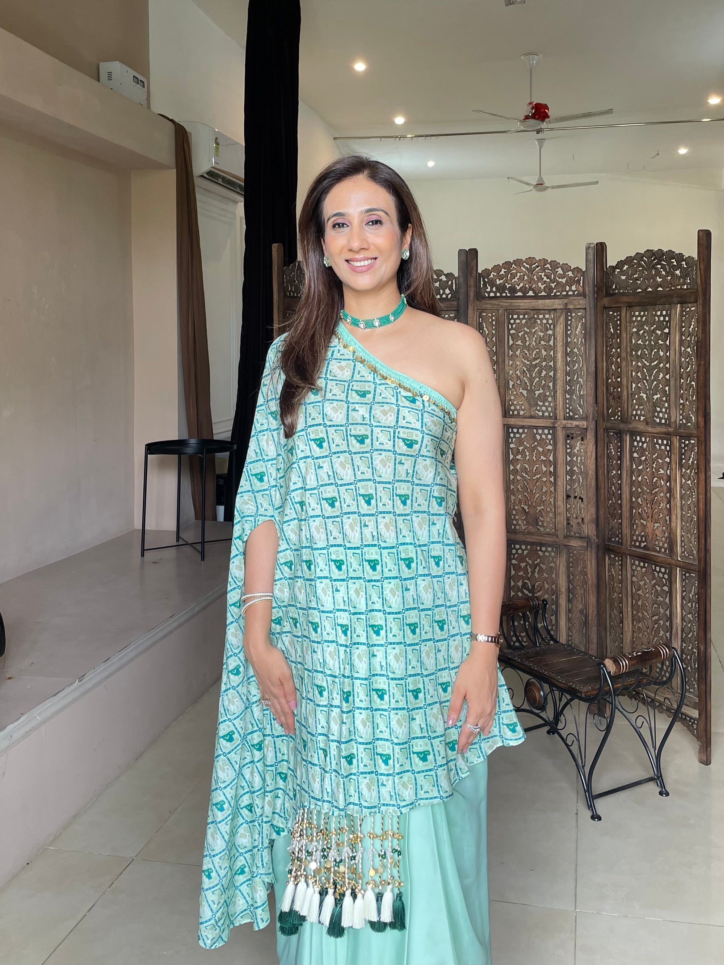Sage Green One Shoulder Drape Set