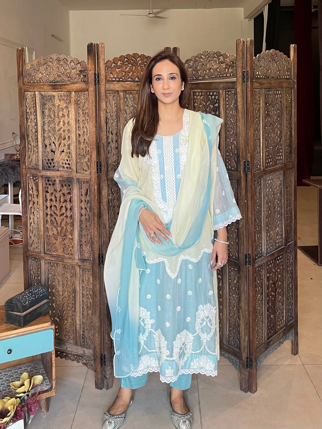 Yellow blue jute suit