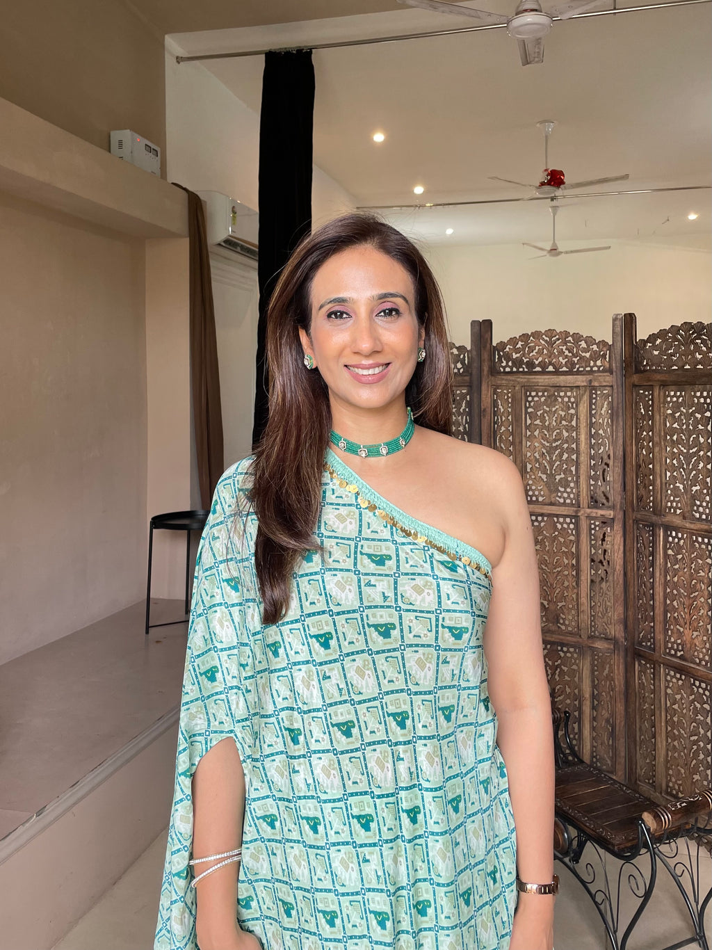 Sage Green One Shoulder Drape Set