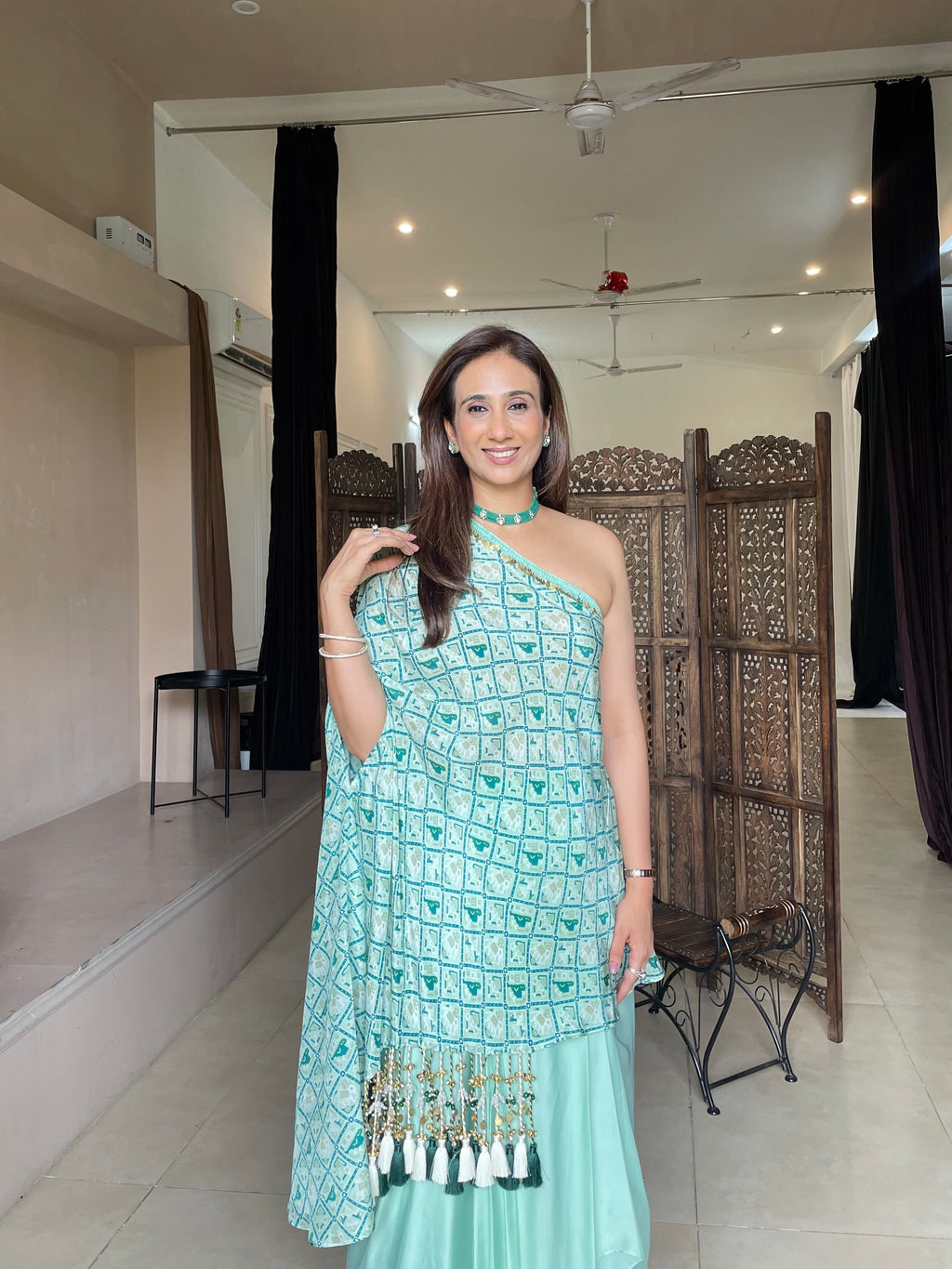 Sage Green One Shoulder Drape Set