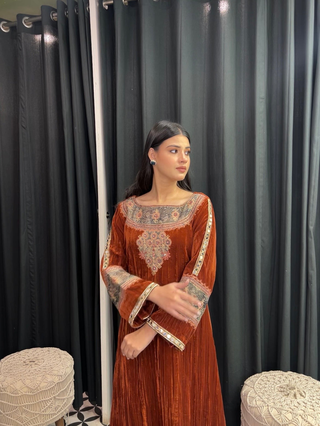 Rust velvet kurta set