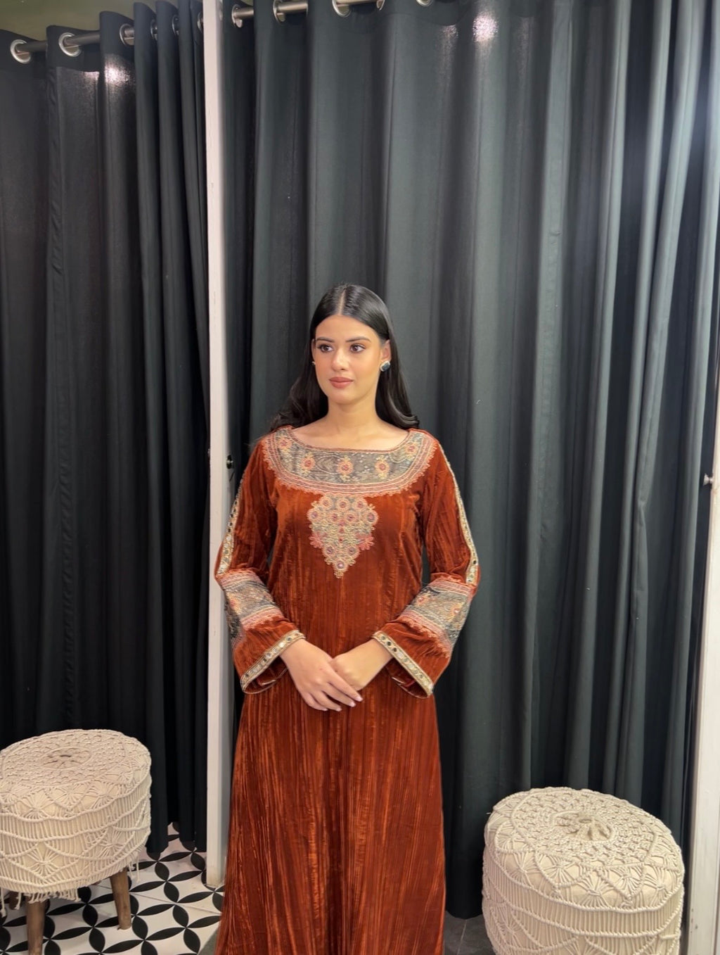 Rust velvet kurta set