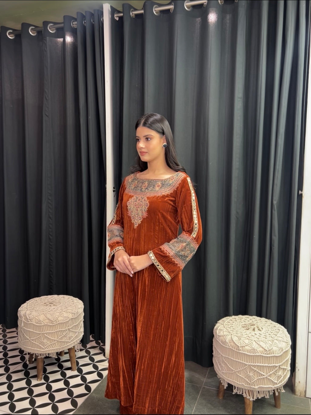 Rust velvet kurta set