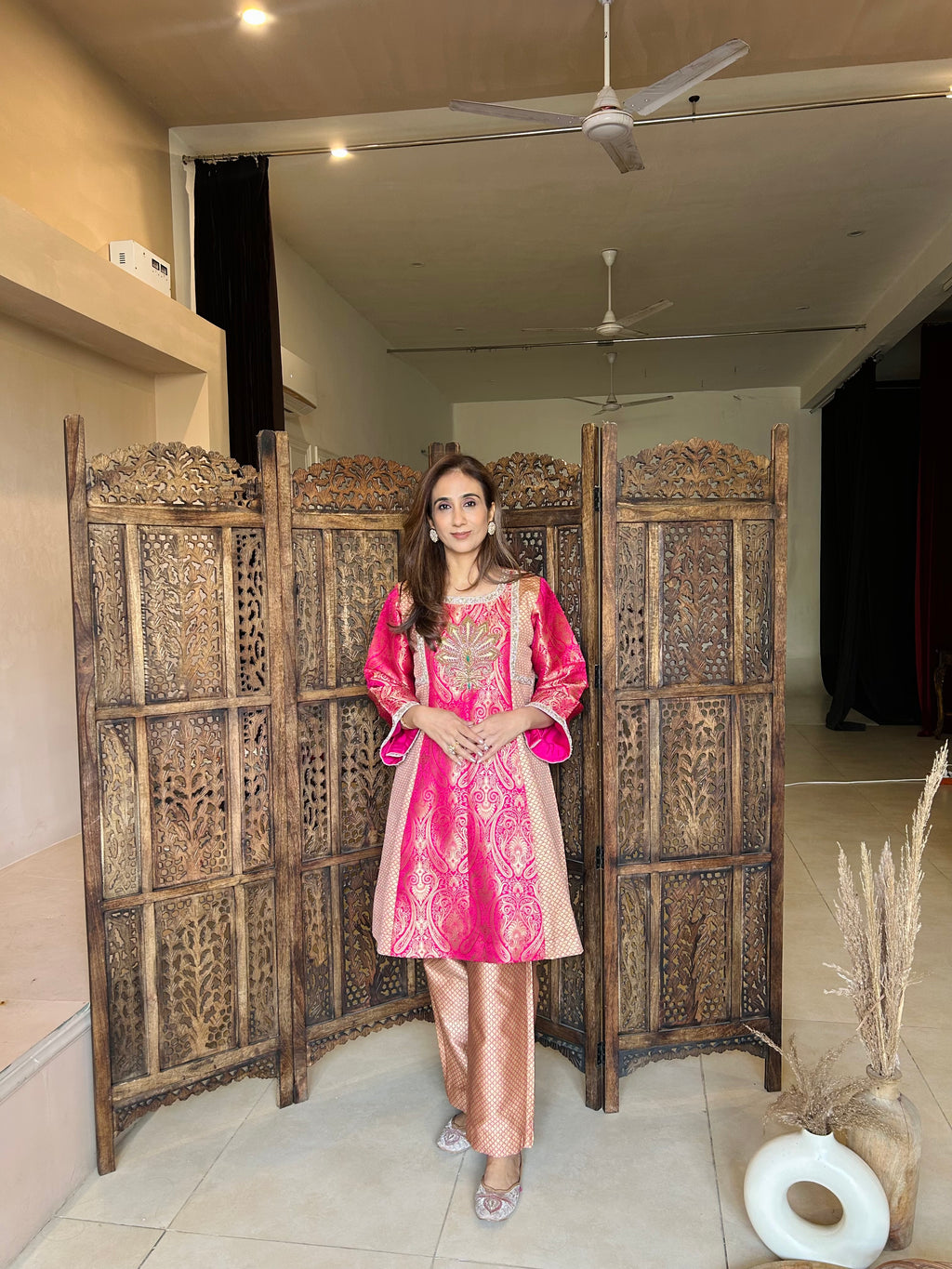 Pink brocade kurta set