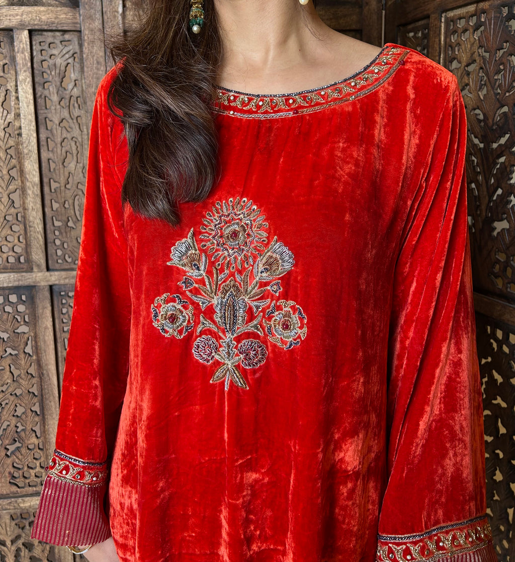 Orange velvet kurta set