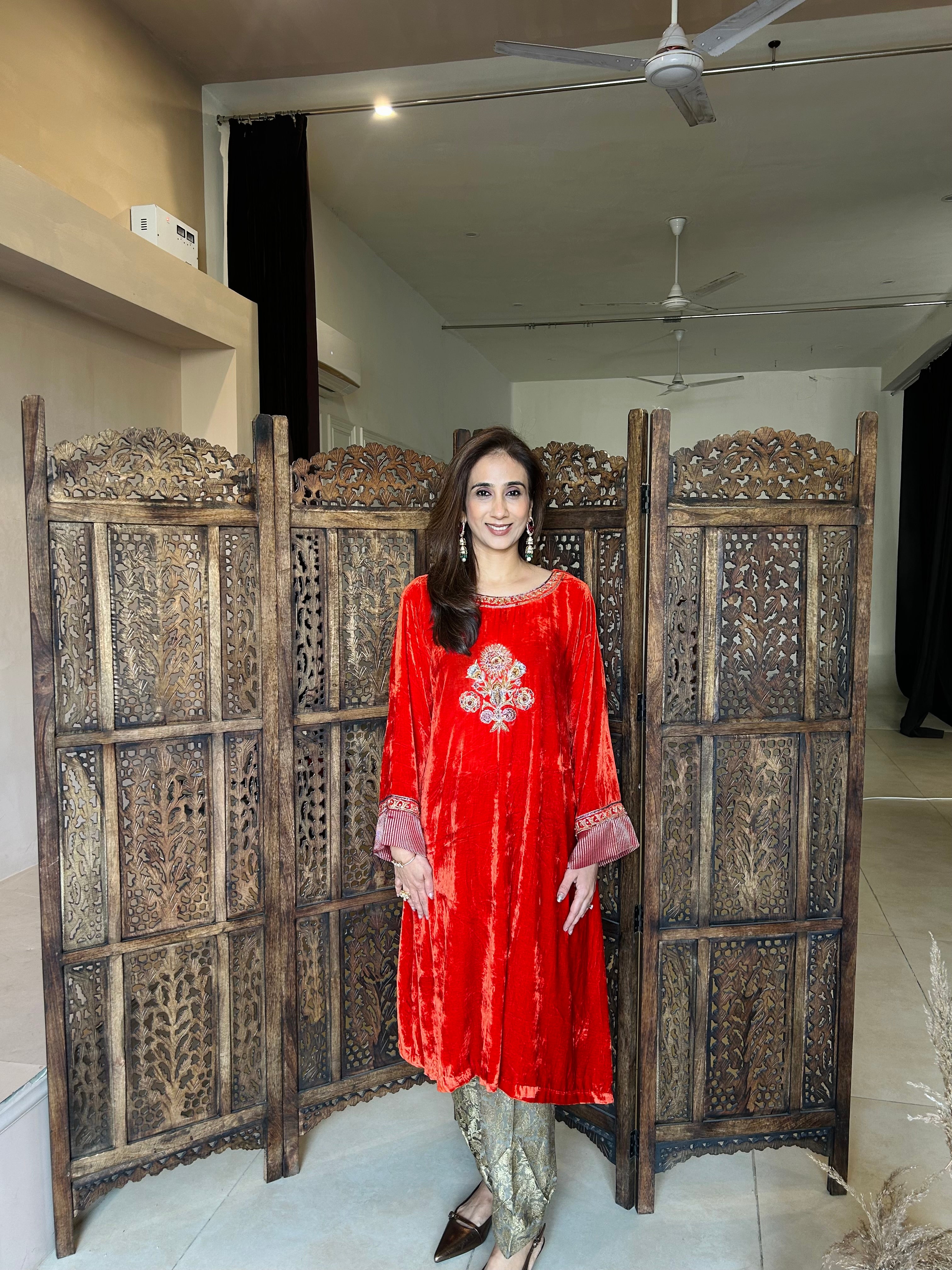 Orange velvet kurta set