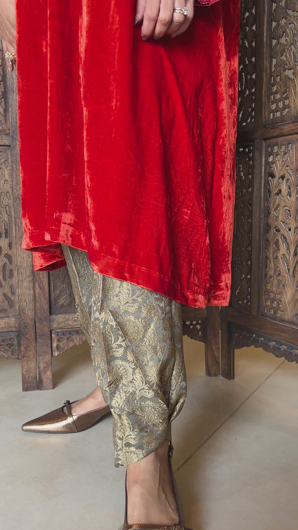 Orange velvet kurta set